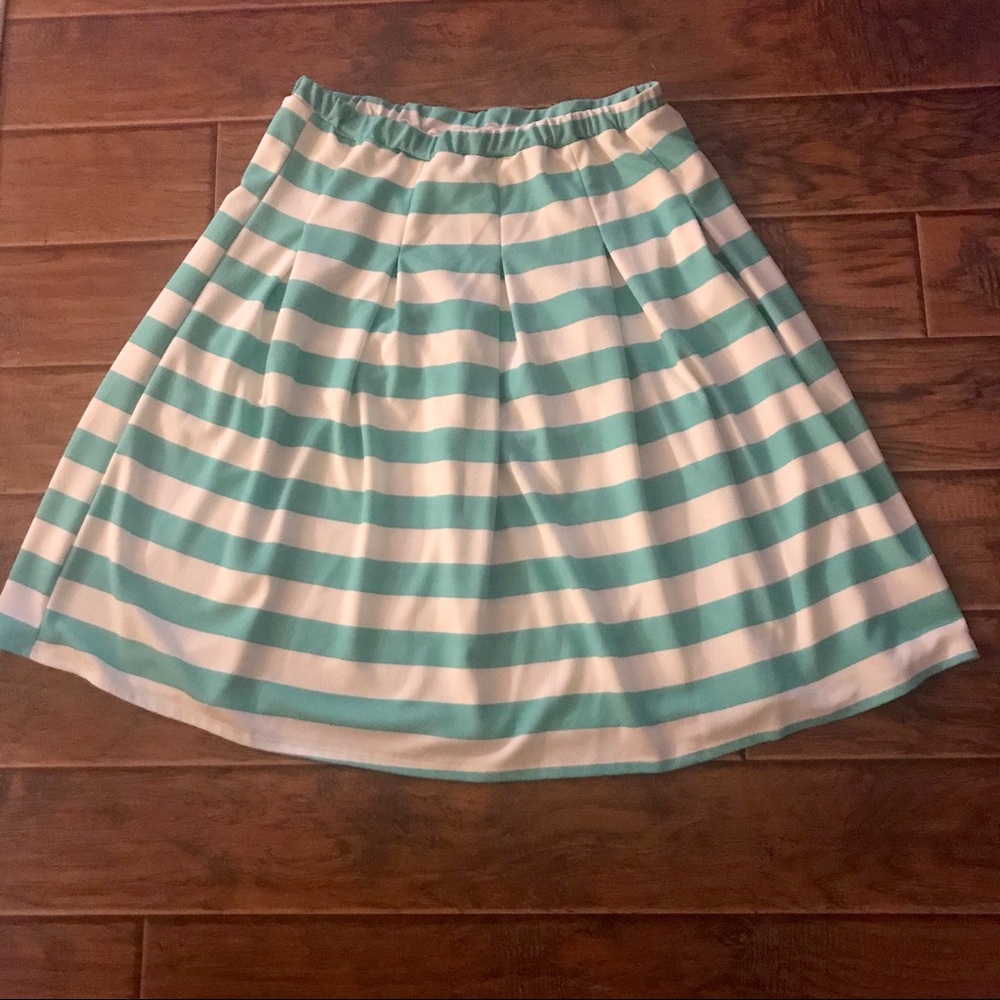 Turquoise & White Striped Midi Skirt
